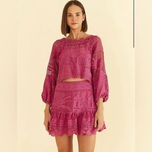 Farm Rio Pink Morada Boa Guipure Mini Skirt + Top